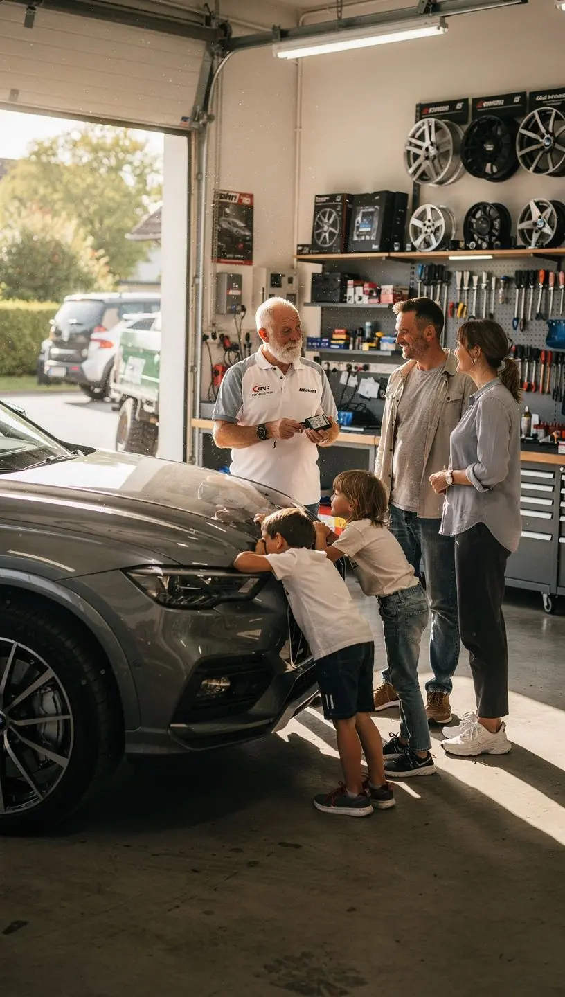 Techniker justiert die Fahrwerkseinstellungen an einem sportlichen Auto